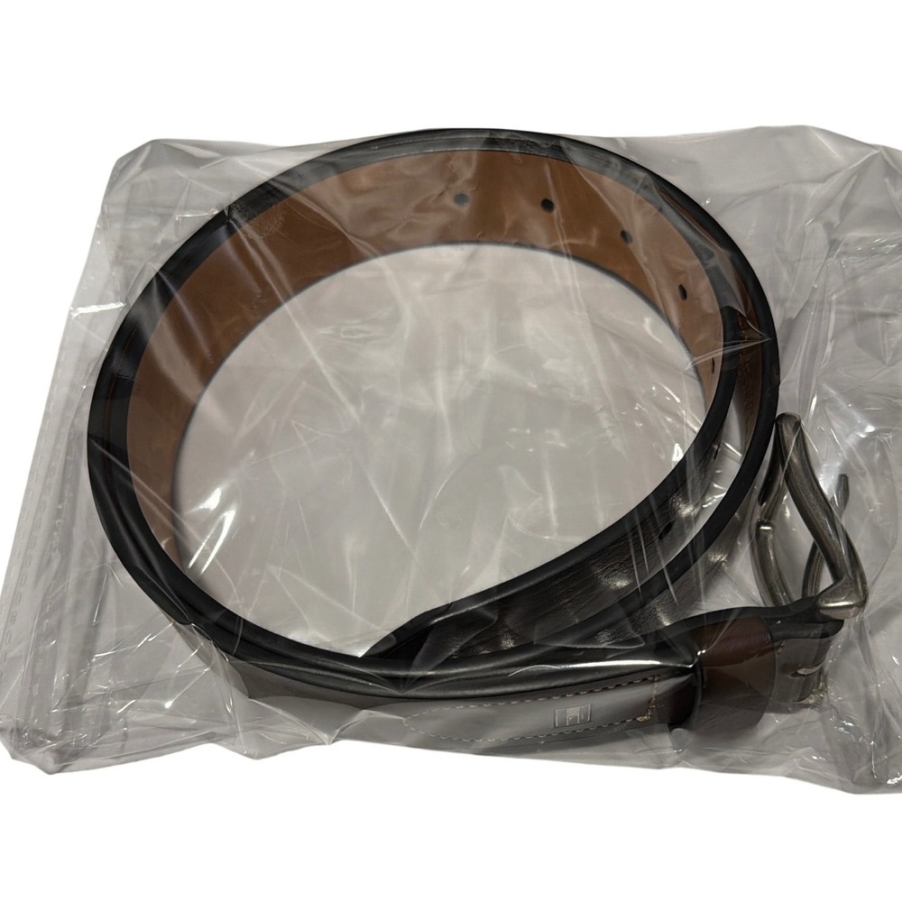 Tommy Hilfiger Mens Cognac Leather Belt Size 34 Brown Silver‎ Buckle NWT